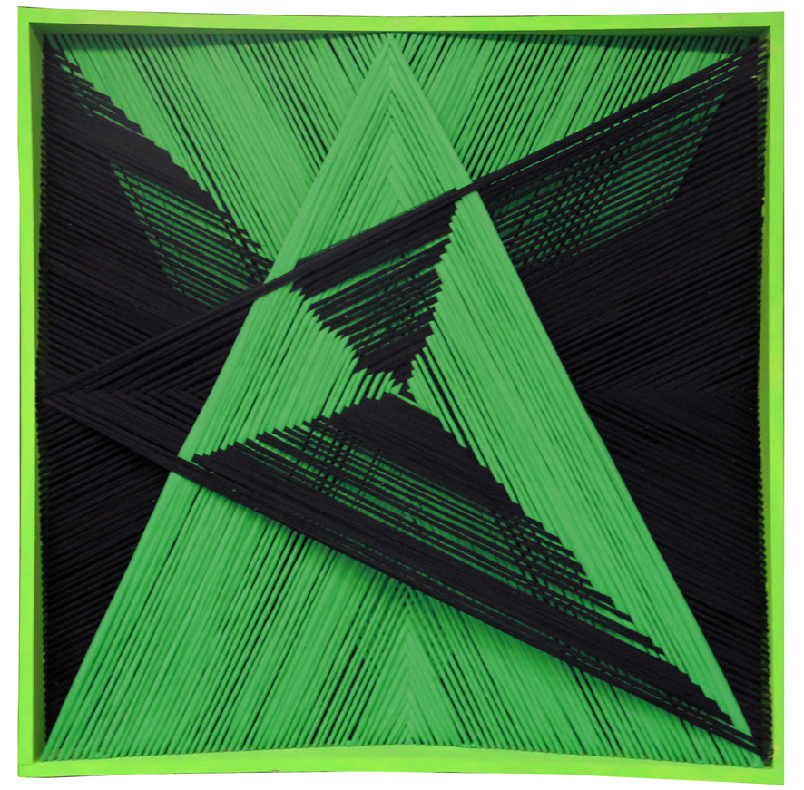 Biforcazione verde nero 2015 Fili di calza tirati su teca in legno 100x100 cm 
